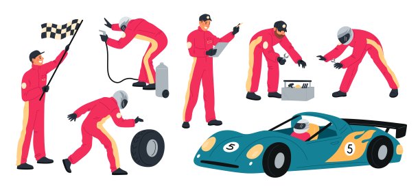 进站成员。穿着制服的赛车工程师队伍。维修服务人员。跑车修理工。换轮快。汽车维修。汽车比赛。格里什向量集图片下载
