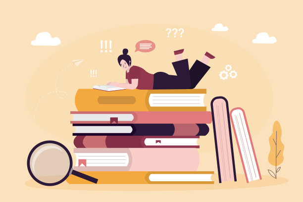 躺在书堆上读书的女孩。少妇读课本，学习过程，受教育。聪明的学生读书。知识和学习，图片下载