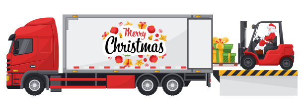 在装卸码头，圣诞老人开着叉车将礼物装上集装箱卡车。概念货物物流和运输高需求的商品为圣诞季节图片下载