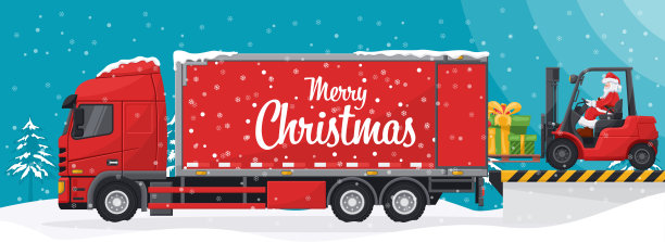 圣诞老人开着叉车。在装卸码头将礼物装上集装箱卡车。概念货物物流和运输高需求的商品为圣诞季节图片下载