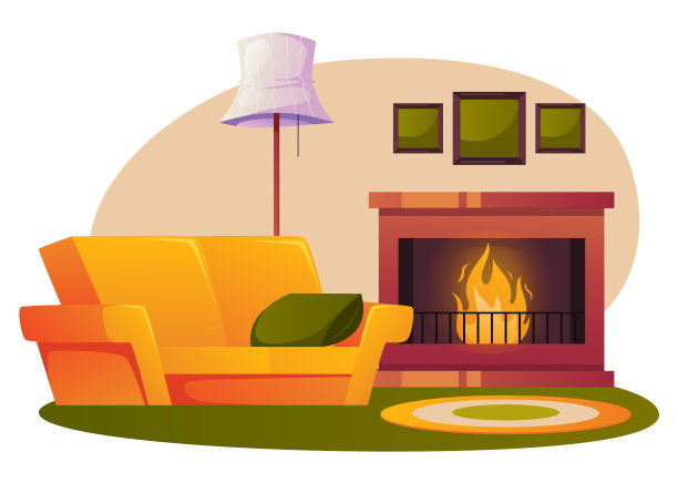 舒适的壁炉客厅公寓内部概念。矢量平面图形设计元素概念插图图片下载