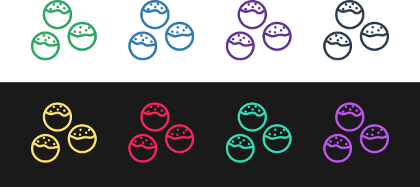 设置行章鱼烧图标孤立在黑色和图片下载