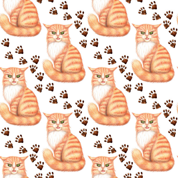 红猫图案和爪印水彩图片下载