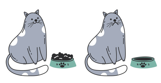 装满食物和空动物的宠物碗概念。矢量平面图形设计插图图片下载