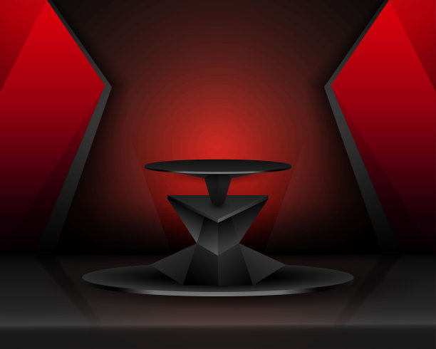 具有未来感的金属黑色讲台，红色灯光效果背景，专业的产品展示台座图片下载