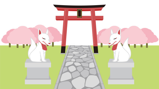 春景与神社鸟居门和稻成雕像。图片下载