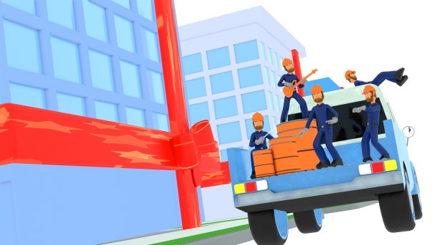 一群欢快的建筑商在新房子建成后欢呼雀跃，在汽车里跳舞和玩耍，3d渲染图片下载