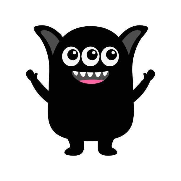 万圣节快乐。黑色怪物黑色剪影头脸图标。可爱的卡通卡哇伊有趣可怕的微笑婴儿角色。眼睛，舌头，牙齿，耳朵，举起手来。平面设计。白色背景。图片下载