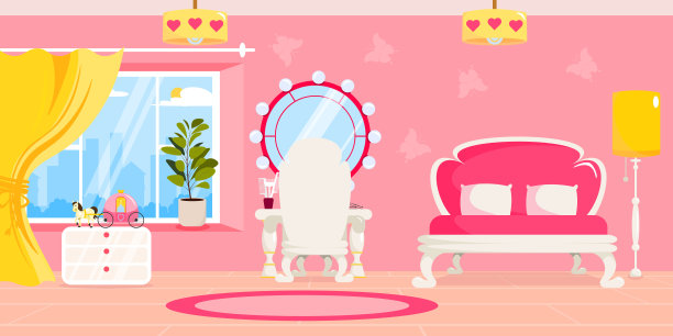 矢量插图现代室内女孩的房间。卡通室内配有床、桌子、椅子、镜子、梳子、床头柜、花盆、台灯、通往城市的窗户。图片下载