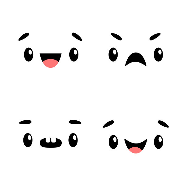 可爱的卡哇伊脸表情符号字符图标集。眼睛，嘴巴，舌头，眉毛。卡通有趣的婴儿角色。悲伤、快乐、微笑表情符号模板。平面设计。孤立。白色背景。图片下载