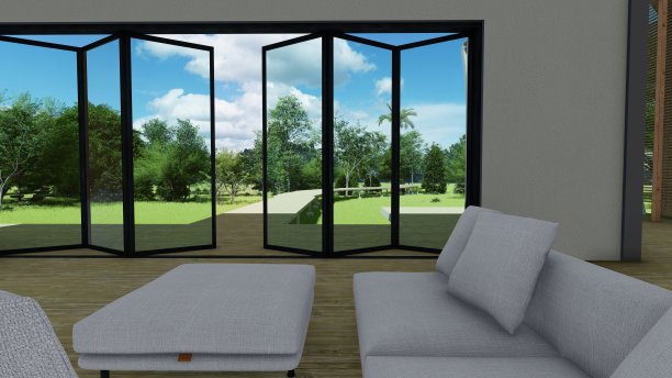 北欧风格的咖啡馆，有木制格子走道和周围的草坪，一座木桥从入口上升到房子的台阶，一个3D设计的客厅。图片下载