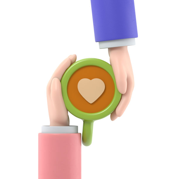 热恋中的男女手捧咖啡杯，上面有心形的巧克力标志。情人节快乐。贺卡模板。白色背景的3D渲染。图片下载