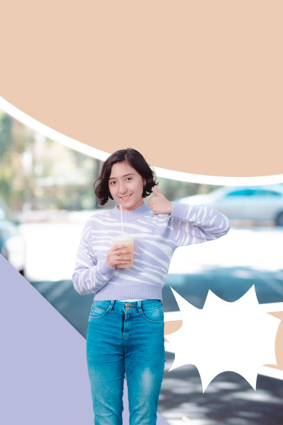 一个女孩的创意照片，拼贴插图，她给了一个赞，在社交网络上，你有文字的自由空间。图片下载