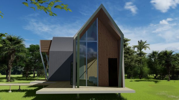 北欧风格的咖啡馆，有木制格子走道和周围的草坪，一座木桥从入口上升到房子的台阶，一个3D设计的客厅。图片下载