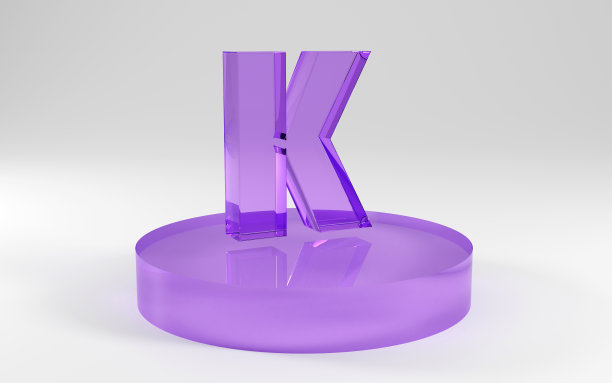3d字母，字母形状由紫色玻璃在灰色背景，3d渲染，字母K图片下载