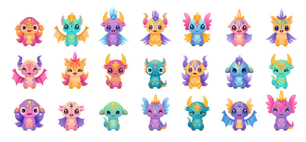 可爱的怪物集不同的眼睛，翅膀，角。小龙收集与手绘矢量插图。异形人物在现代渐变的颜色。图片下载
