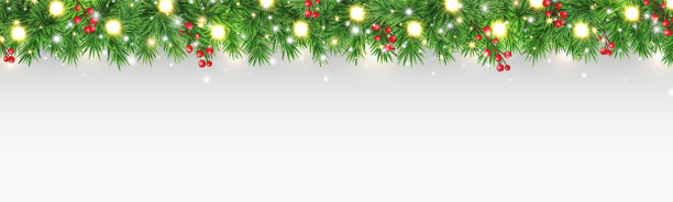 绿色冷杉树枝与闪光灯、金色星星和红色浆果边框，圣诞花环框架，冬季节日背景，圣诞常绿植物banner，新年贺卡，矢量插画图片下载