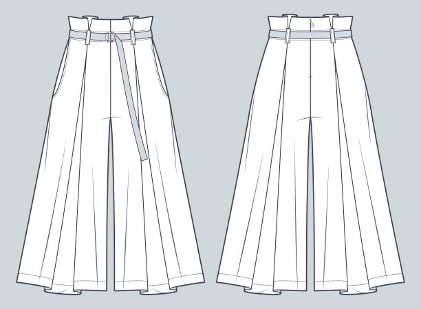 裙裤技术时尚插画。阔裙阔裤时尚平面技术图纸模板，褶皱，后拉链，口袋，腰带，前后视图，白色，女，男，男女通用的CAD模型。图片下载