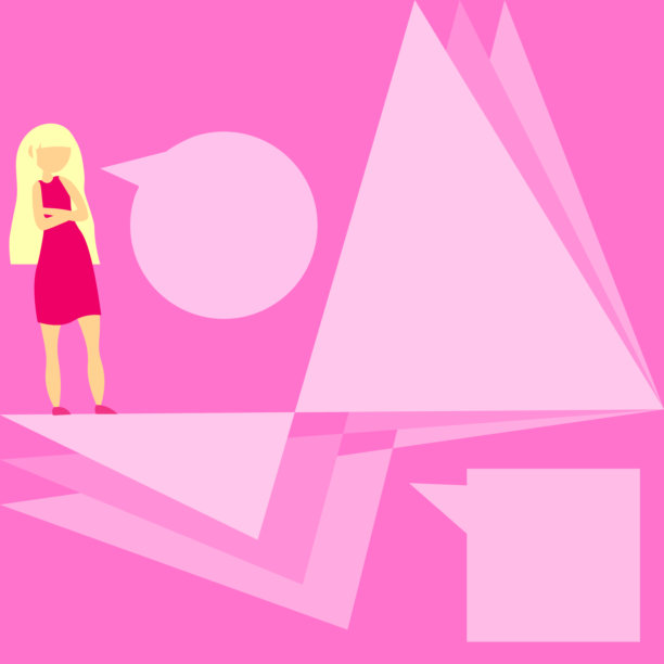 粉色模板与女孩，语音气泡，几何形状，矢量插图。图片下载