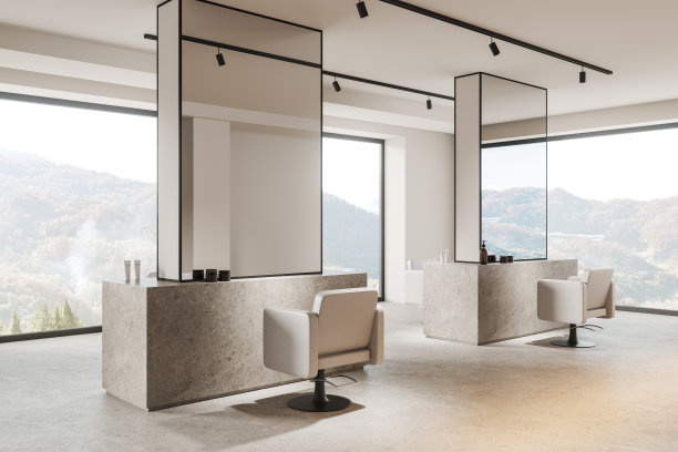 现代光沙龙，椅子排和镜子，配件在桌子上图片下载