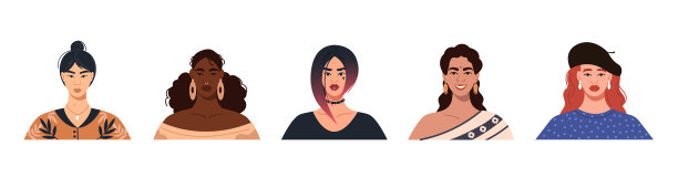 一组不同发型的现代多元文化多国女性形象。向量图片下载