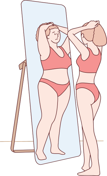 年轻苗条的女人看着镜子里的胖女孩图片下载