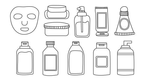 一套瓶瓶罐罐的化妆品，护肤用的瓶子，头发和身体霜。时尚风格的明信片，横幅，包装纸模板。矢量插图可编辑笔画。图片下载