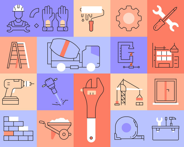 施工相关的矢量细线图标。轮廓符号集合图片下载