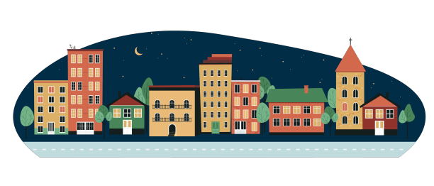 夜晚城市房屋和建筑物附近有树木图片下载