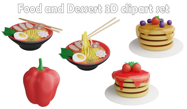 食物和甜点剪贴画元素，3D渲染食物和甜点的概念孤立在白色背景图标集No.3图片下载