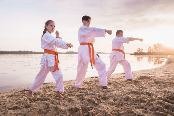 孩子们在河边的沙滩上进行空手道训练图片下载