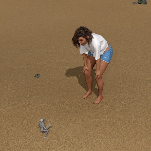 一个灰色的小外星人抬头看着一个女人，她的手放在膝盖上，惊讶地看着坚硬的沙滩。图片下载