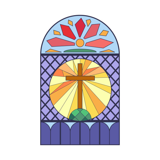 彩色玻璃圆拱窗，内框基督教十字架和日出马赛克图案图片下载
