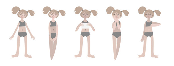 五个穿着泳装的北方女孩。冷静的站立姿势:竖起大拇指，手里拿着一张纸。浅肤色，金发。矢量插图在平面风格图片下载