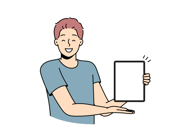 微笑的男人在平板电脑上展示模拟屏幕图片下载