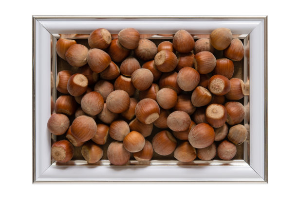 许多榛子坚果在一个白色的盒子里，照片或相框，孤立在白色的背景上。用于室内或广告的产品装饰。图片下载