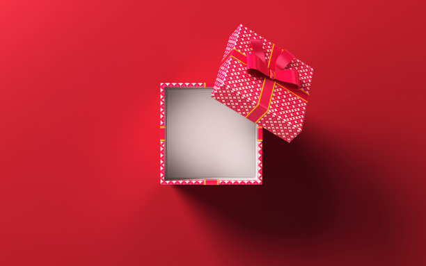 打开红色礼盒系上红丝带红背景股票照片图片下载
