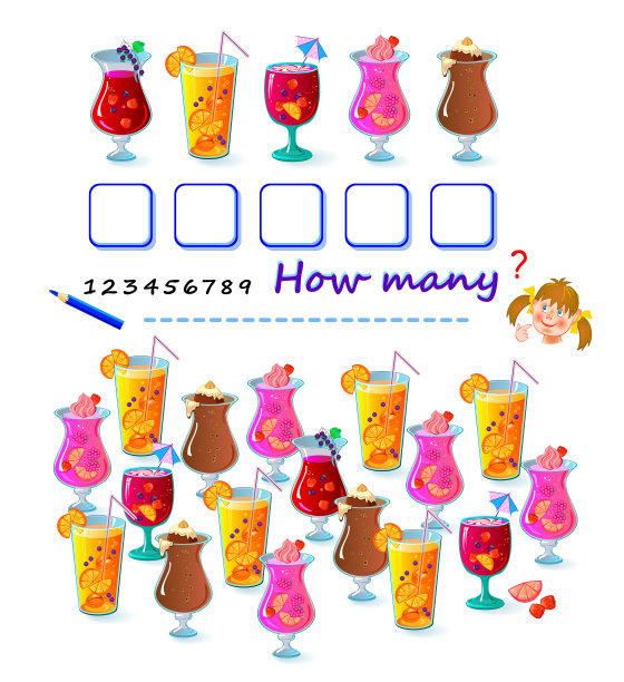 儿童数学教育。你能在图片中找到多少饮料?数一下数量并写下数字。儿童活动单。益智益智游戏。矢量卡通插图。图片下载