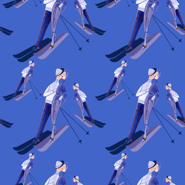 与滑雪者水彩无缝模式。冬天的纺织品。运动服装。滑雪胜地纪念品的包装纸。蓝色背景图片下载