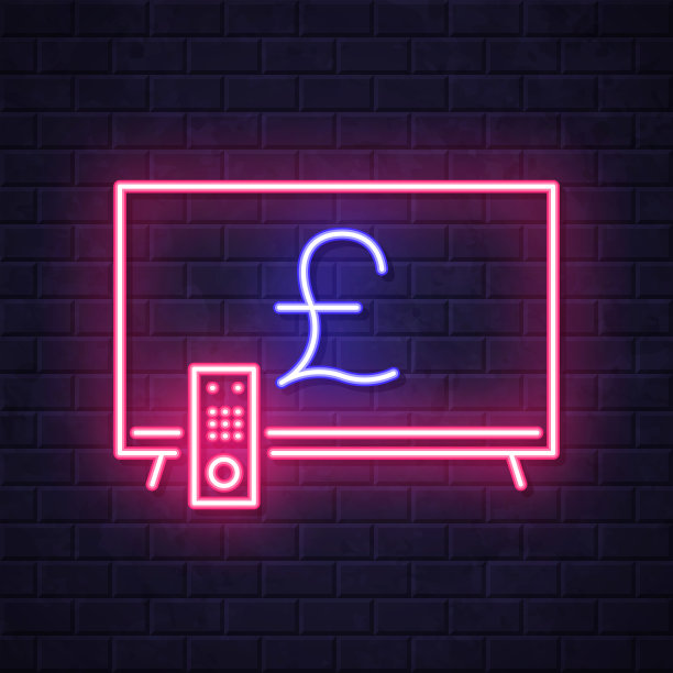 有磅标志的电视。在砖墙背景上发光的霓虹灯图标图片下载