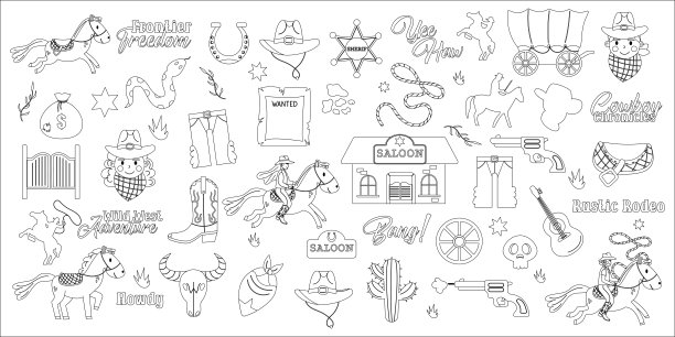 黑白狂野西部场景。西部平面设计集牛仔靴，手枪招牌牛头骨套索图片下载