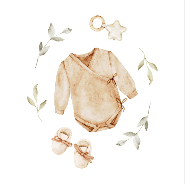 婴儿紧身衣，玩具，靴子和树叶。水彩儿童插画。放荡不羁的风格。模板明信片，海报，婴儿洗礼，装饰图片下载