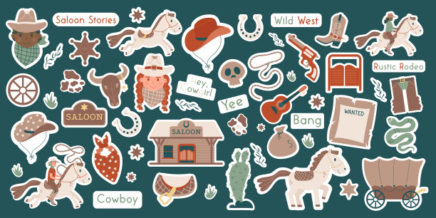 狂野西部的贴纸。西方元素。平面设计集牛仔手枪图片下载