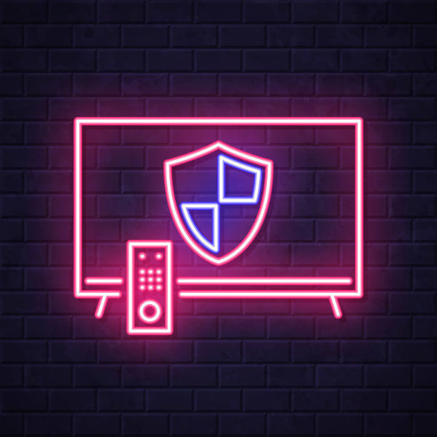 带护罩的电视。在砖墙背景上发光的霓虹灯图标图片下载