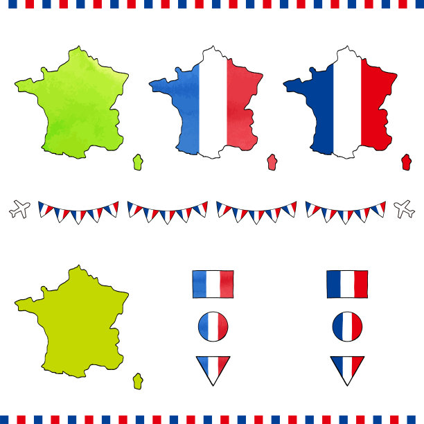 手绘插图集法国地图和国旗。钢笔和水彩画。图片下载