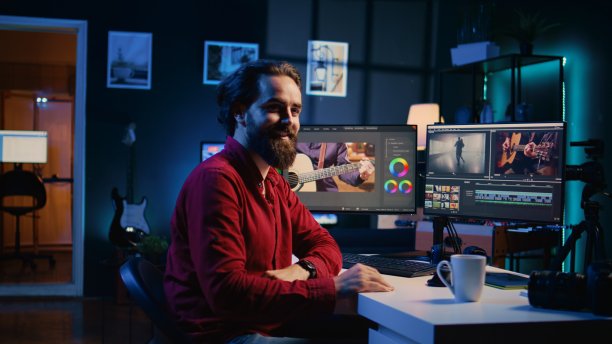 微笑的后期制作工作室工作人员操纵原始素材，做调整图片下载