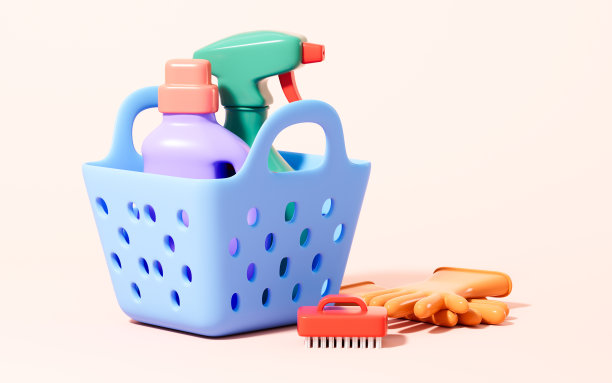 卡通洗衣粉，橡胶手套，刷刷，3d渲染。图片下载