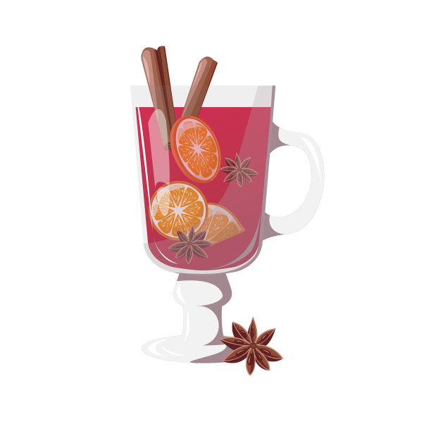 一杯热红酒，配上橙片、肉桂和八角茴香。冬季酒精饮料。手绘设计元素的标签和海报图片下载