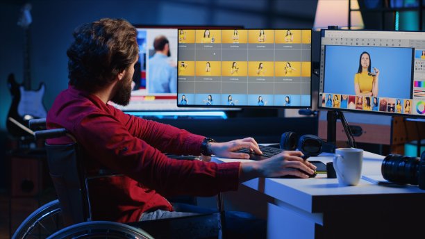 腿部受伤的摄影师正在用修图软件浏览图片图片下载