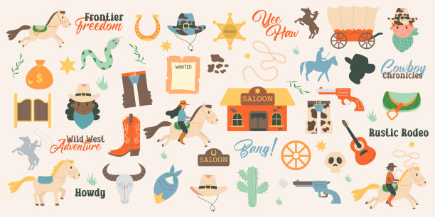 狂野的西部。西方元素。平面设计集牛仔靴手枪酒吧招牌牛头骨仙人掌套索图片下载